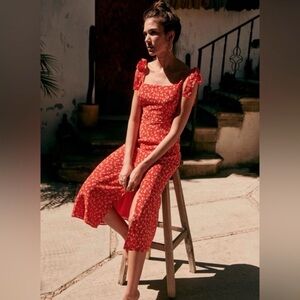 Sezane Dorotha Midi Dress - Silk Coral Mini Flowers